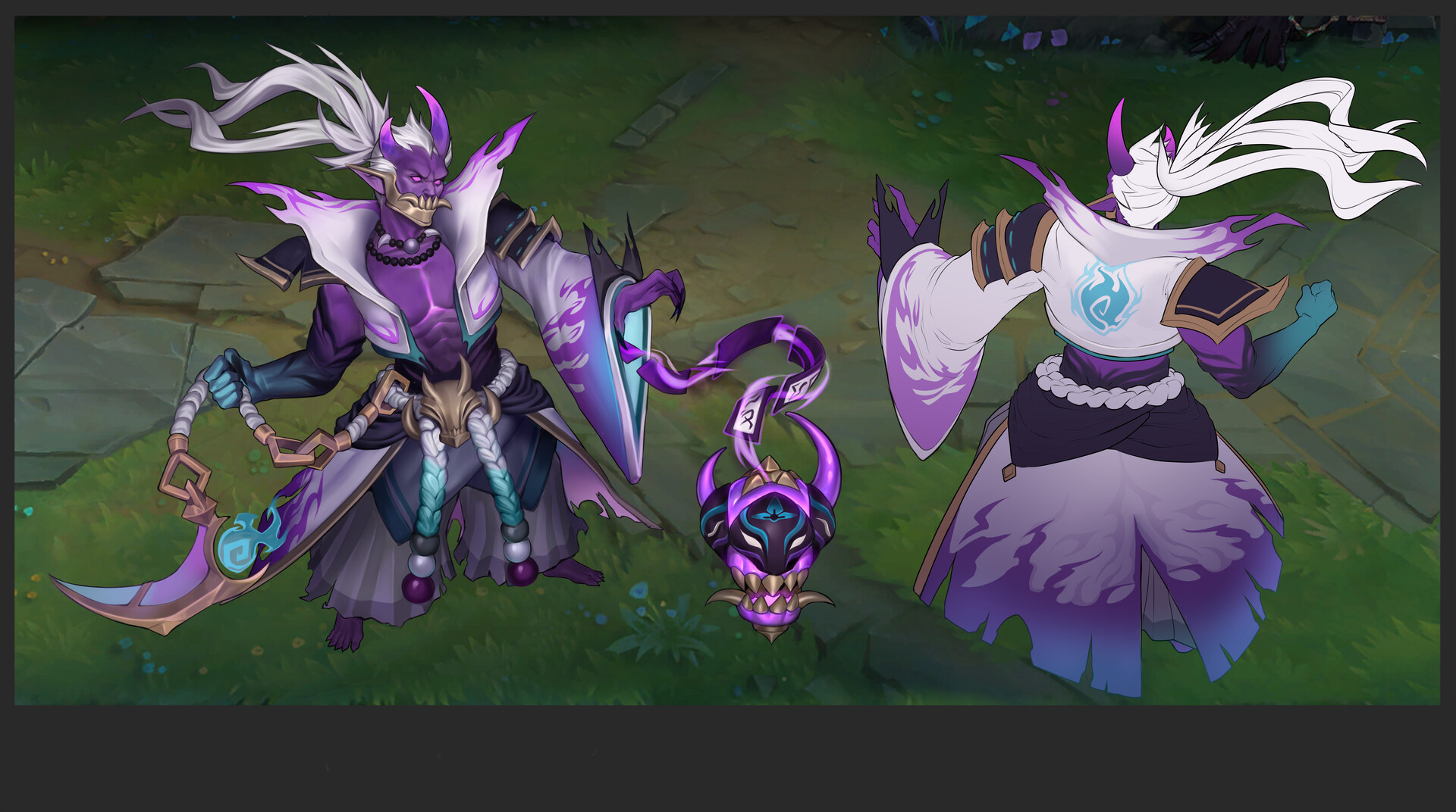his image showcases concept art for a league of legends skin. the art depicts a character, possibly an oni or demon, with striking purple and white attire reminiscent of a japanese kimono. the character's design includes horns, a masklike face, and flowing white hair.  they are wielding a scythelike weapon connected to a chain.  a separate view of the character's back is included, displaying a flamelike symbol on their back. a small, detached masklike object is also presented in the image. the overall style is vibrant and detailed, characteristic of fantasy game art.
