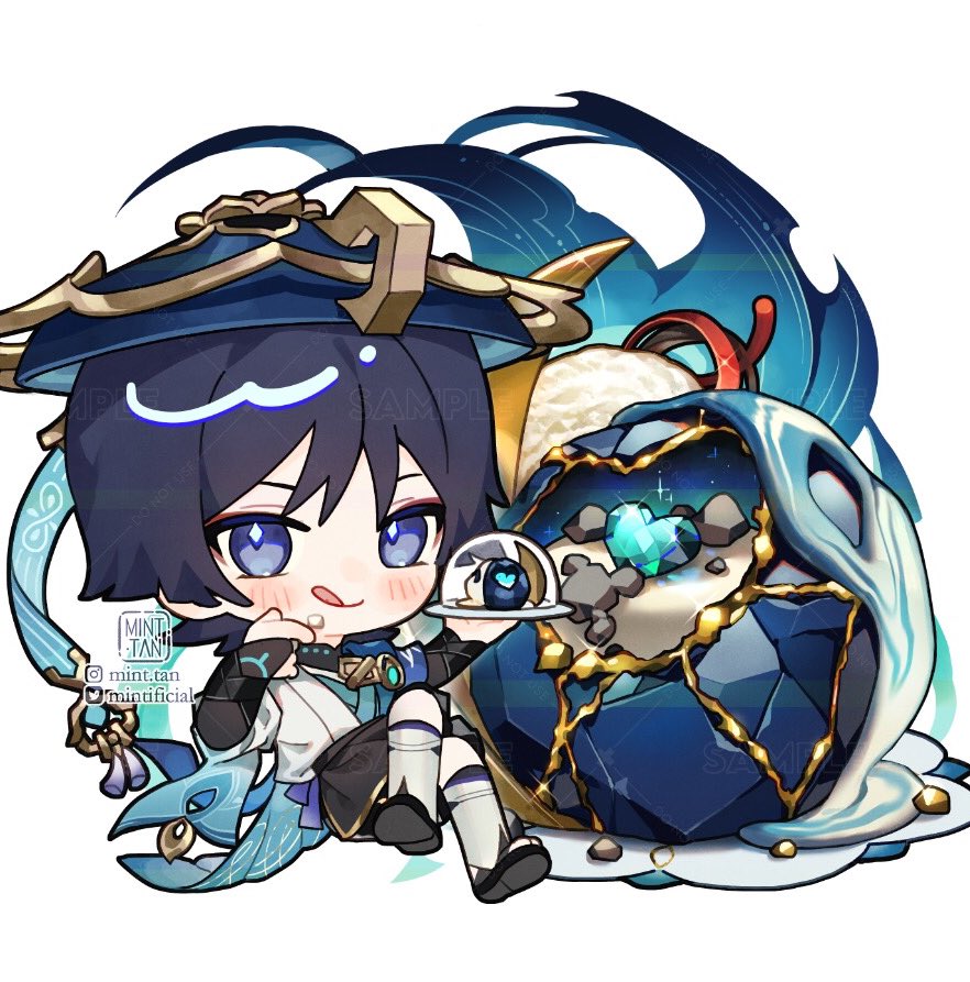 this is a chibi anime drawing of xiao from the game genshin impact. he's wearing his signature outfit and holding a tray with a sweet on it. the sweet is a blue gemstone inside a white cup with a blue base, with a blue and white swirl around it. he is also sitting on a large blue gemstone that's covered in golden lines, a small white cloud, and white liquid. it's a cute drawing of xiao that captures his personality.