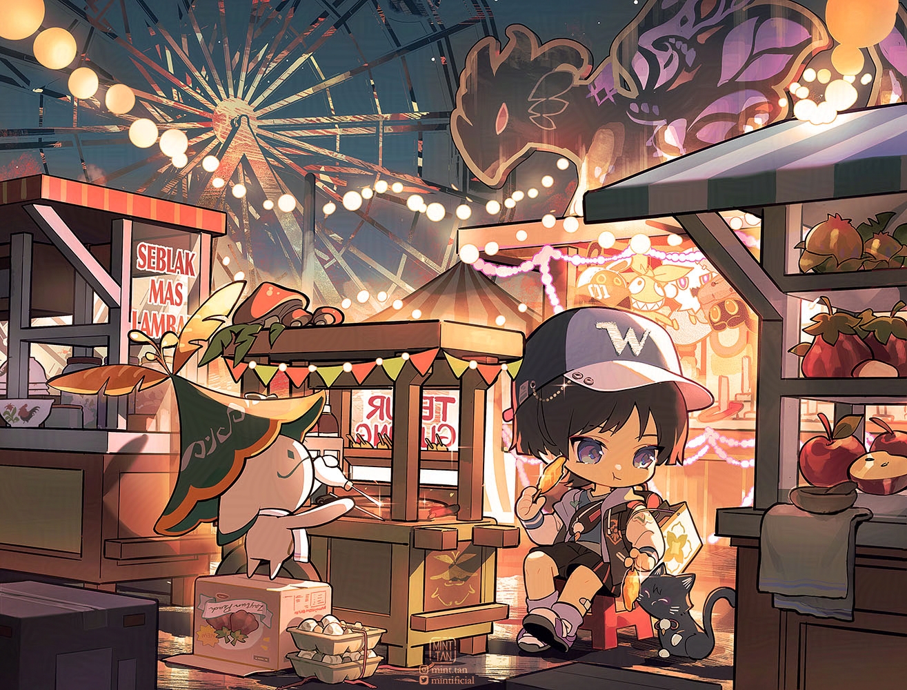 the image is a vibrant and whimsical illustration of a night market. it features a cute anime girl with a baseball cap and a black cat, both enjoying some street food. there are many brightly lit food stalls with different kinds of snacks on display, and the girl is holding a skewer of fried chicken and a black cat is sitting next to her.  in the background, there is a large ferris wheel, lit up by glowing lights, which adds to the magical and festive atmosphere of the market. the style of the illustration is cartoonish and adorable, with exaggerated features and bright colors. it is a fun and engaging image that captures the essence of a lively night market.