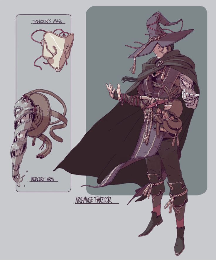 this is a digital character design illustration.  it shows a mage wearing a pointed hat and cloak, with a prosthetic arm and mask.  the character has a detailed design with lots of accessories.  the mage's name is "archmage tanzior" and their equipment is described in text boxes that include their mask, "tanzior's mask," and arm, "mercury arm."