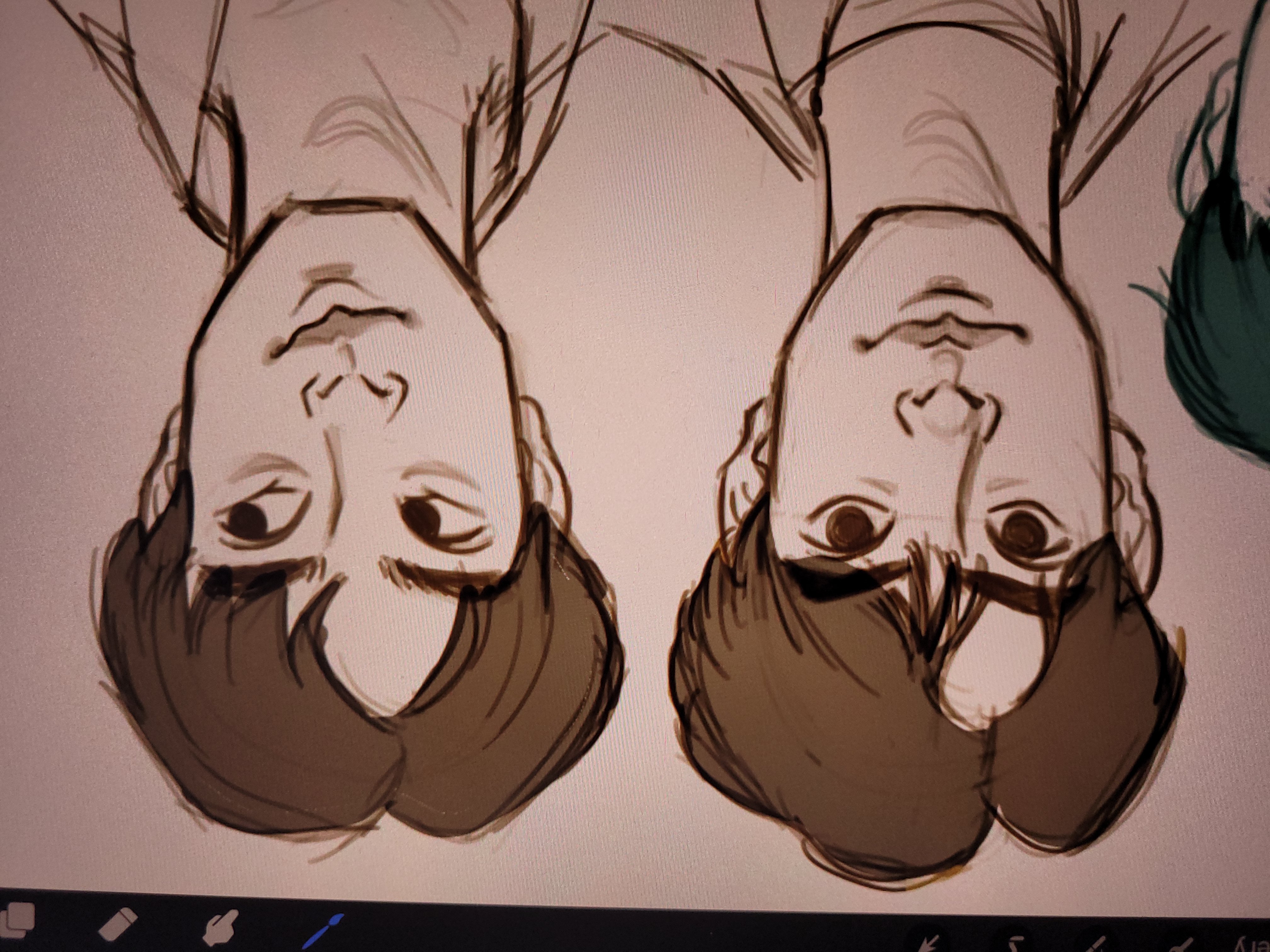 the image shows a digital sketch of two male faces.  the image appears to be in the early stages.  the two faces look very similar and are likely the same person.  the image is predominantly brown.