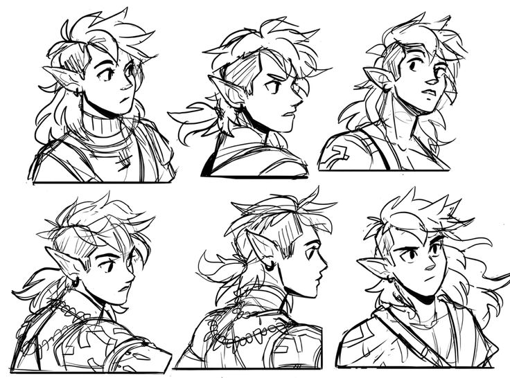 he image contains six sketches of a young elflike character from different angles. each sketch shows the character's head and shoulders, with variations in hair style, facial expression, and pose.  the sketches are in black and white, with a rough, sketchy style.  they appear to be character design explorations for a potential fantasy character.