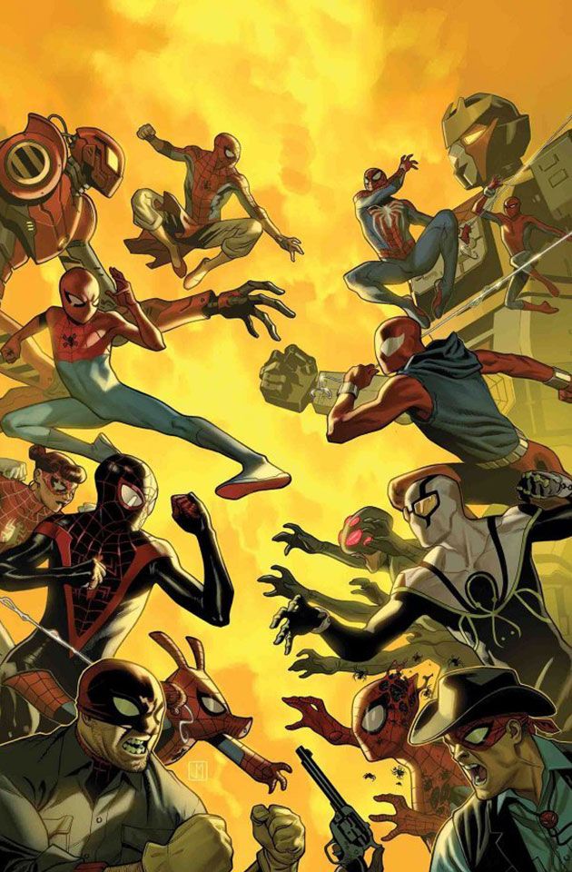 this is an image of a comic book cover featuring spiderman and his allies fighting villains. the image is dominated by bright yellow colors, and the characters are drawn in a dynamic and actionpacked style. spiderman and his team are on the left side of the image, while the villains are on the right. the heroes and villains are all engaged in battle, with the heroes using their webs and other powers to fight the villains. the scene is chaotic and exciting, with the characters flying through the air and engaging in handtohand combat. the cover is full of energy and excitement, and it is sure to draw readers in.