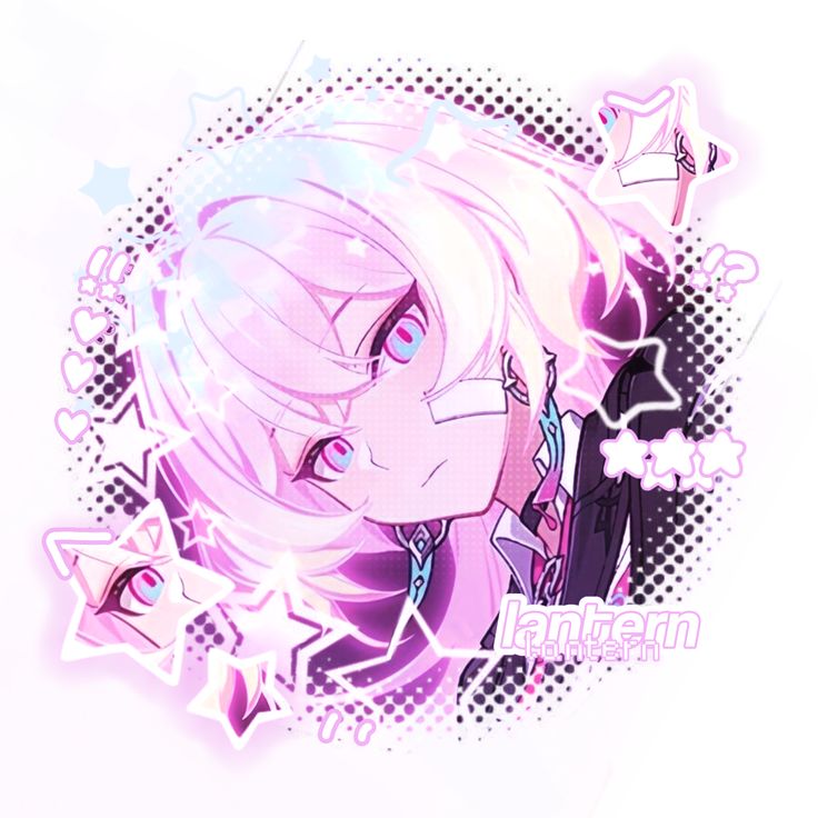 this image features an animestyle illustration of a girl. she has long pink hair, styled with two small buns on top. she has piercing blue eyes and a bandage on her cheek. she's wearing a black and white collared top with a chain accessory. surrounding her are stylized pink stars and sparkles on a white background with halftone dot pattern. the overall aesthetic is soft and dreamy.