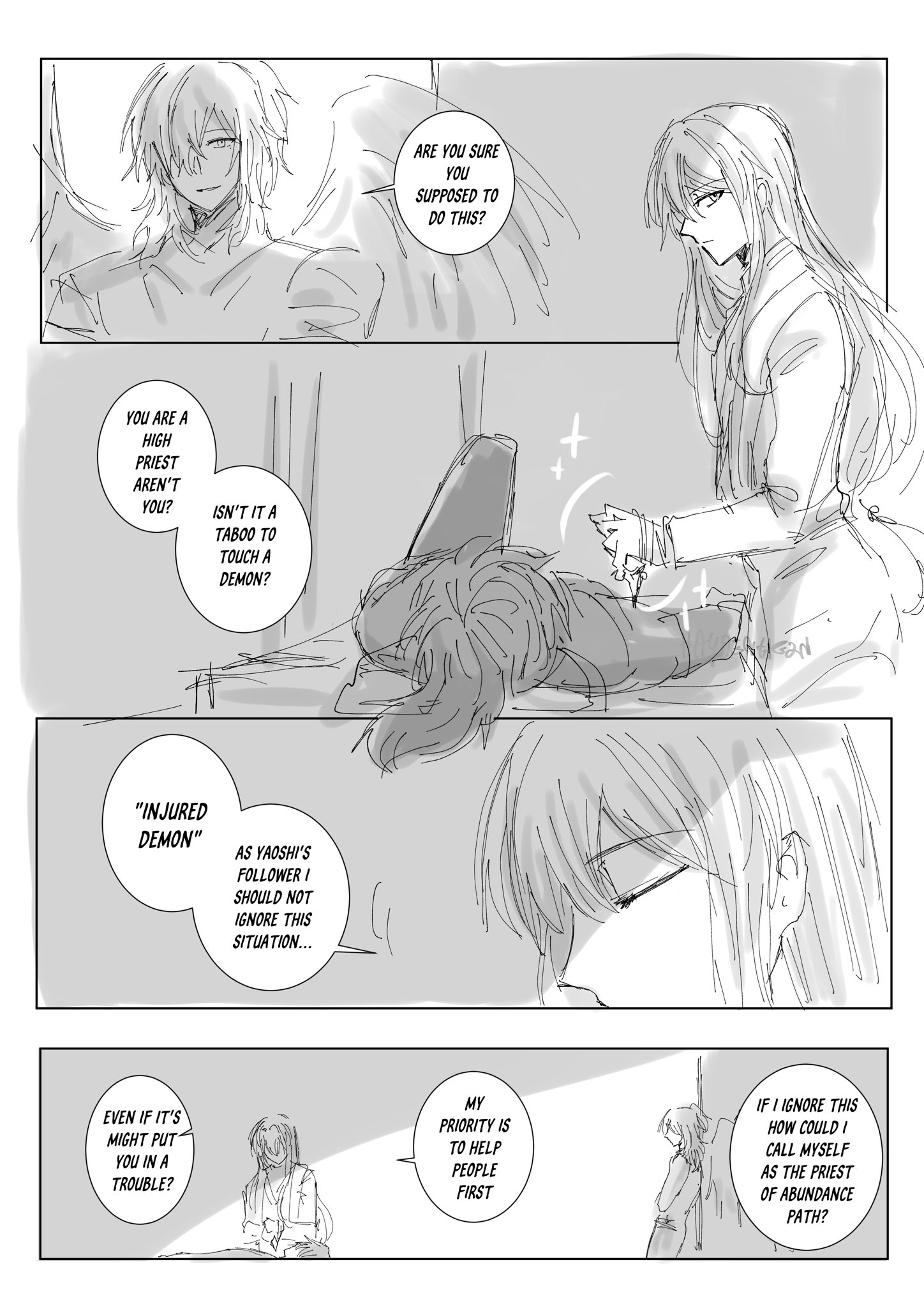 the image is a comic panel from a manga. it shows a dialogue between a priestess and a demon. the priestess is concerned about the demon's injuries and feels conflicted about her role as a priestess. she is struggling with her duty to help people and the taboo against touching demons. the text boxes show their thoughts and inner struggles. the panel uses simple lines and shading to depict the characters and their expressions. the background is a simple light gray. overall, the panel creates a sense of drama and internal conflict.