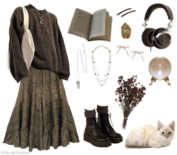 the image shows a collage of items associated with the dark academia and witchy aesthetic. there is an outfit featuring a brown sweater with a moon necklace, a long olive green skirt, black platform boots with knitted socks, and a white tote bag. other items include an open book, a crystal, two necklaces, two brown hair clips, two small bows, a pair of headphones, a crystal ball on a stand, a bouquet of dark flowers, and a white cat.
