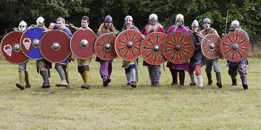 a line of men dressed as viking warriors stand on a grassy field, holding shields and weapons. they appear to be participating in a historical reenactment. the men are wearing helmets, tunics, and leggings, and their shields are painted with various designs. the background is a wooded area, and the lighting is natural and bright.