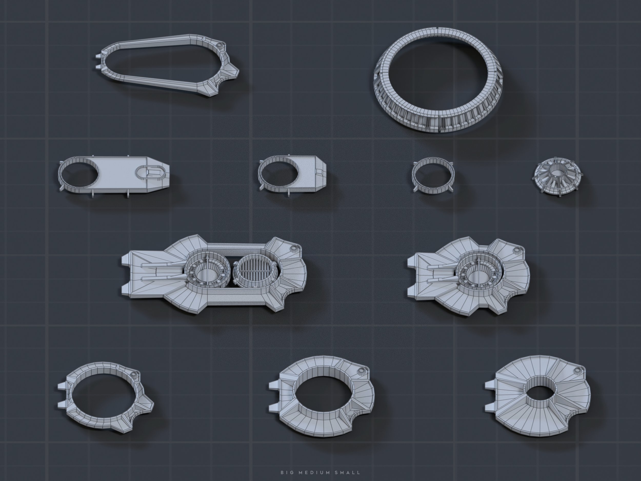 the image showcases a collection of twelve different 3d wireframe models of mechanical parts, possibly components for a larger assembly or machine.  the parts vary in size and shape, ranging from simple rings and elongated rectangular pieces to more complex structures with internal details. they appear to be rendered in a wireframe style against a dark grey gridded background, suggesting a cad or engineering design context. the parts are labeled "big medium small" at the bottom, indicating a size scale or variation. the overall style is clean, technical, and focuses on the precision of the parts' designs.