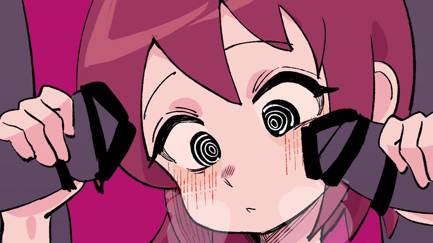 a closeup portrait of an anime girl with red hair. she is  in a state of extreme fear, her eyes are wide open and have a spiral effect to them, and her mouth is slightly open. she is wearing a pink shirt. the background is pink and black.