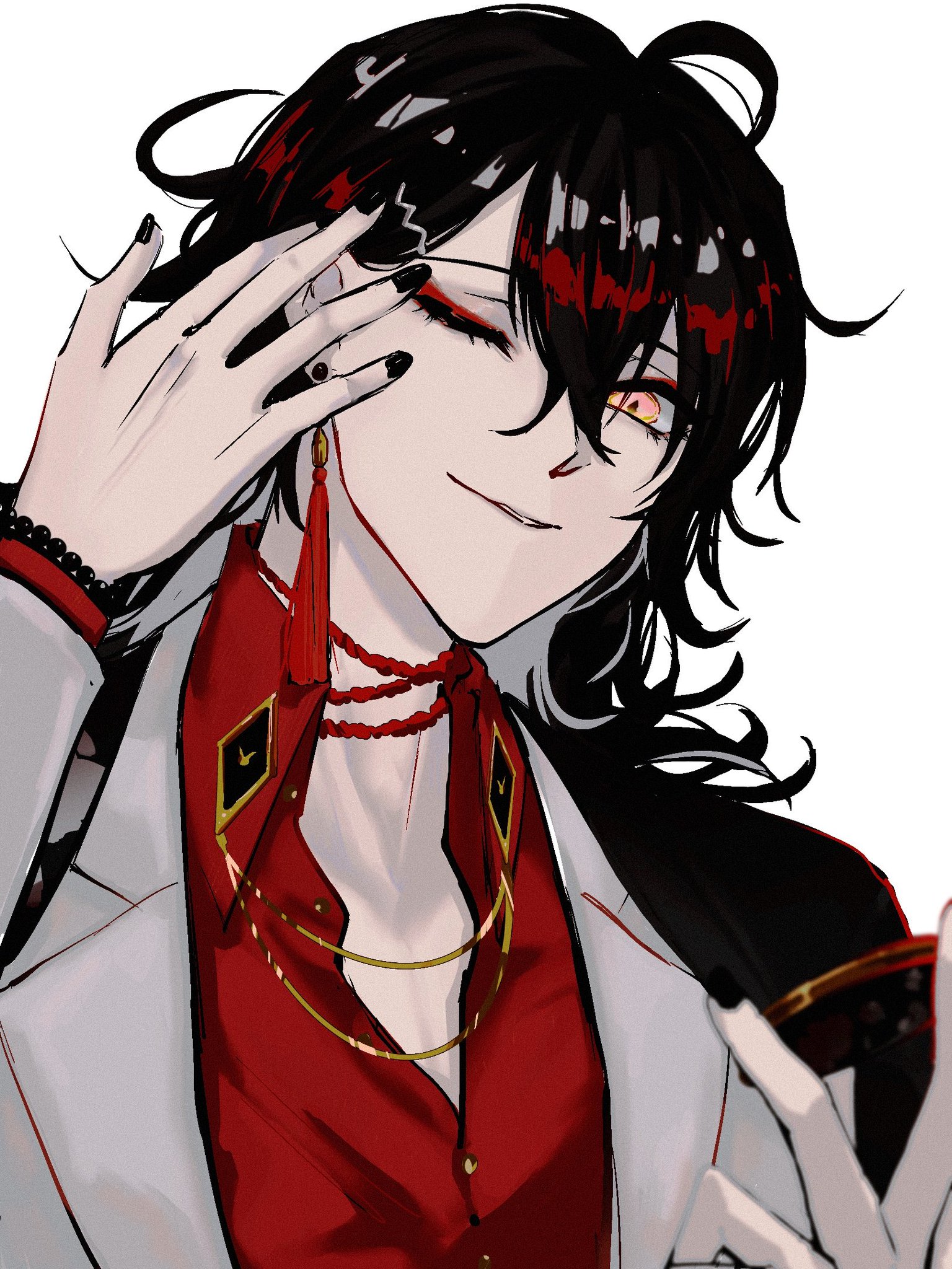 this is a digital illustration of an anime male character with black hair, red eyes and red shirt, winking and smiling with his hand on his face. he is wearing a white jacket with gold detailing and a gold necklace with a red tassel. the illustration is welldrawn and stylized with a focus on detail. the overall mood is elegant and stylish.