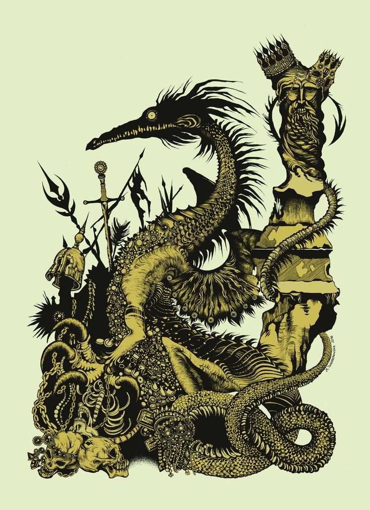 the image is a detailed illustration of a fantastical scene featuring a large, serpentine dragonlike creature at the center.  the dragon is richly adorned with gold and jewels, suggesting it's a creature of power and wealth.  it's perched amidst a pile of treasure, including skulls and chains.  a sword stands nearby, along with other weaponry and what appears to be a crumbling statue of a crowned king or god. the style is dark fantasy, reminiscent of gothic or art nouveau influences, with intricate linework and a strong contrast between black and gold (or yellow) on a light green background.  the overall composition is complex and visually rich, filled with symbolic details hinting at themes of power, death, and treasure.