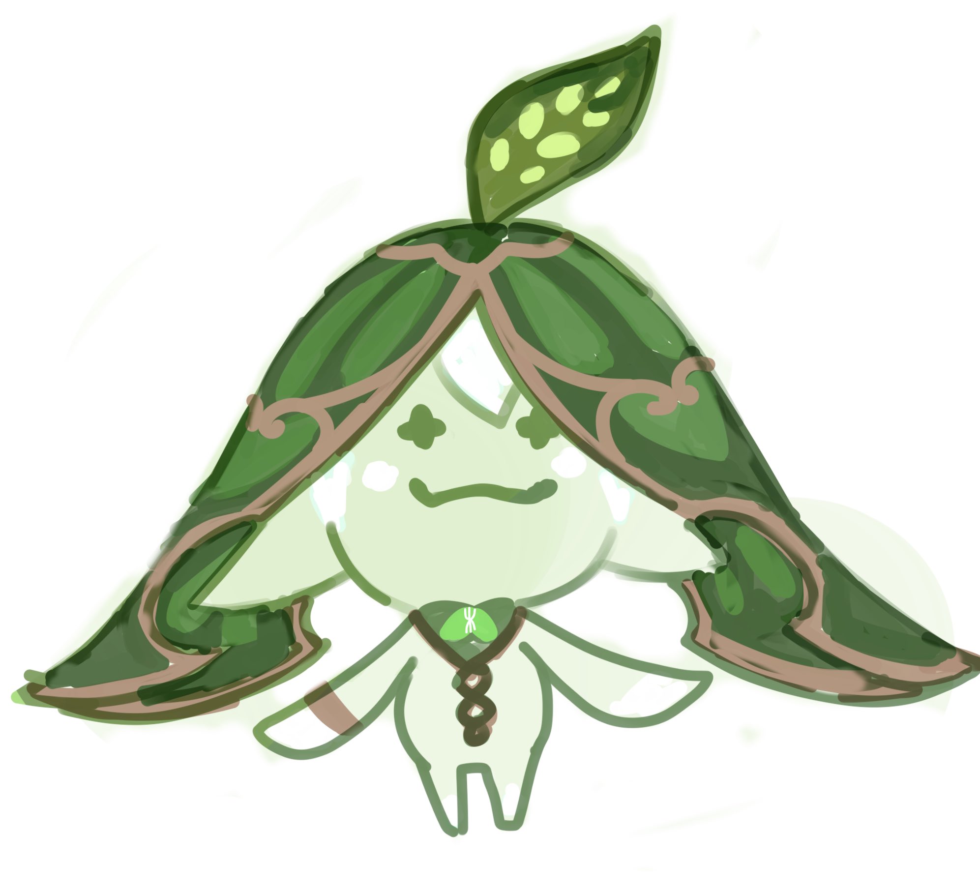 this is a cartoon illustration of a green character with a large green leaf on their head, a cute dress with a design of leaves and vines, and a small green bow on their chest. the character has two small green eyes, and their mouth is curved into a subtle smile, giving the impression of happiness. the cartoon's drawing style has a slightly messy and childish feel to it. the image has a white background.