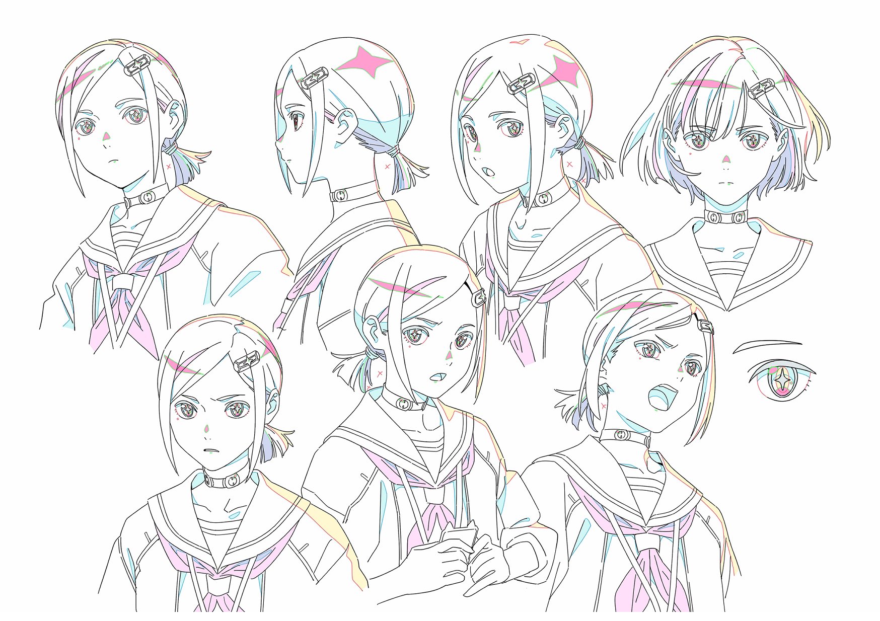 his image shows a series of character design sketches for an anime girl.  the sketches are done in a pastel color palette with thin lines. multiple angles and expressions of the same character are shown, including side profiles, front views, and various facial expressions (neutral, surprised, angry). she is consistently depicted wearing a sailorstyle school uniform with a choker necklace and hair clips.  there is also a separate detail sketch of one of her eyes.  the style suggests concept art for an animation project.