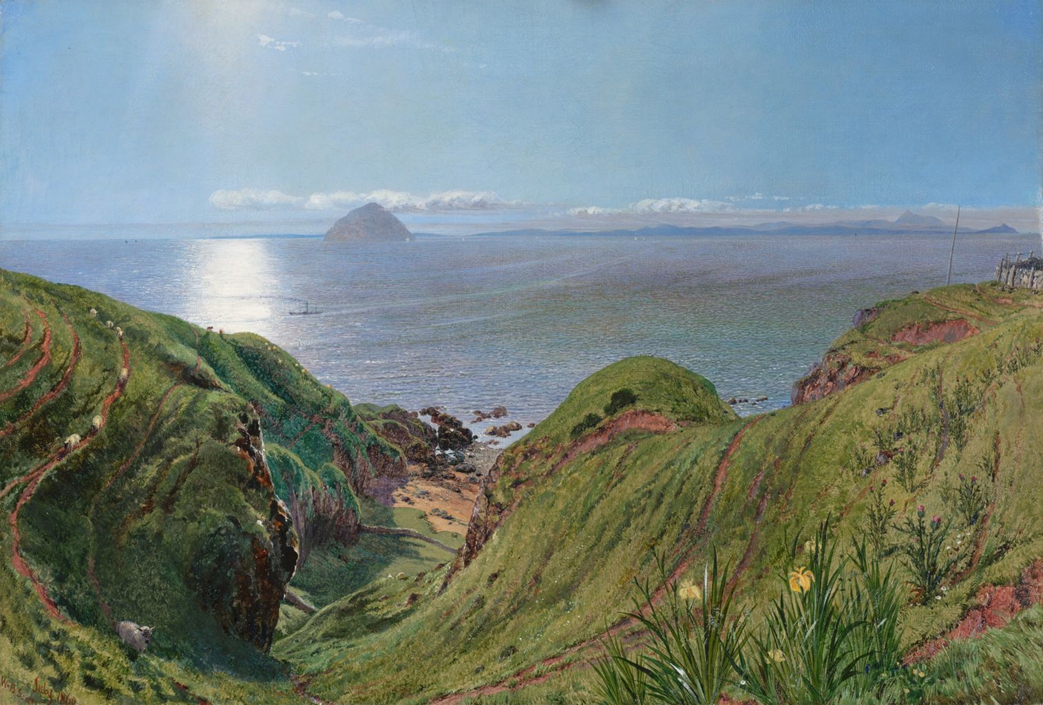 a landscape painting depicts a view of the sea from a hilly coastline. green, grassy hills with winding paths dominate the foreground, where some sheep are grazing. in the distance, the sea stretches to the horizon with a small island in the middle, with sunlight reflecting off the surface of the water. the sky is blue with scattered clouds. some flowers and thistles are visible amongst the vegetation on the hills. a small boat is seen on the water.