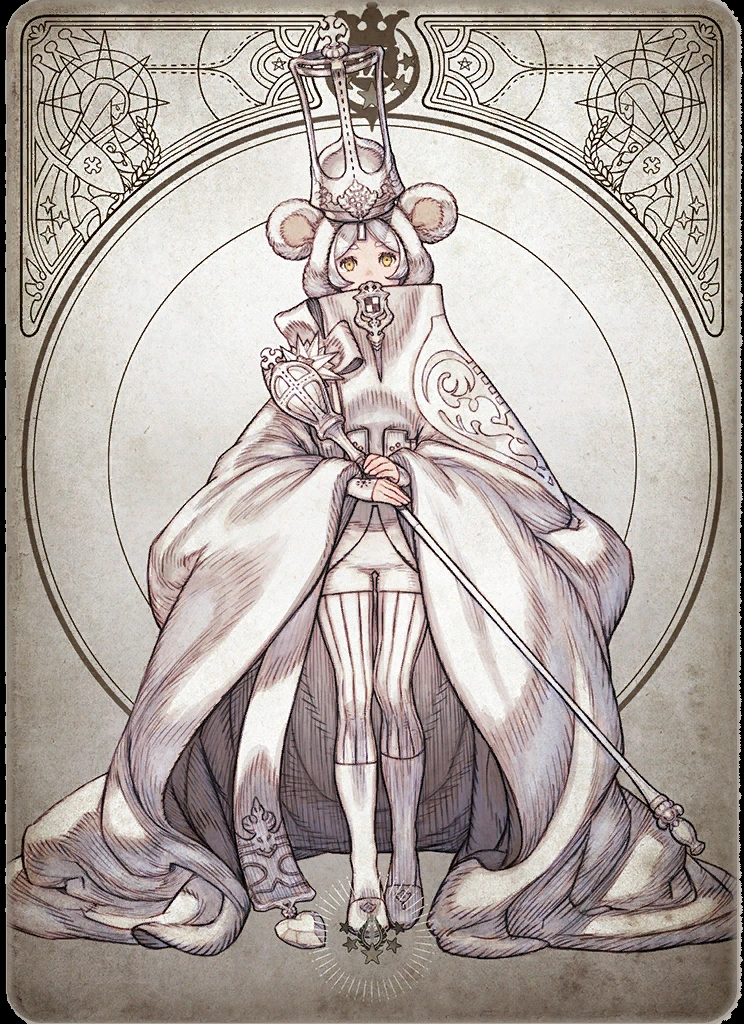 the illustration showcases a young girl, seemingly a character design or concept art piece, rendered in a style reminiscent of both art nouveau and art deco. she stands against a stylized background featuring intricate patterns and geometric elements.the girl is adorned in an elaborate, flowing robe in pale, muted tones, hinting at a sense of ethereal elegance. atop her head sits a tall, ornate crown, its design echoing the overall aesthetic of the piece. she clutches a long staff, its tip resting on the ground, further adding to her air of regality. her large eyes and delicate features contribute to the overall whimsical and perhaps slightly melancholic feel of the artwork.