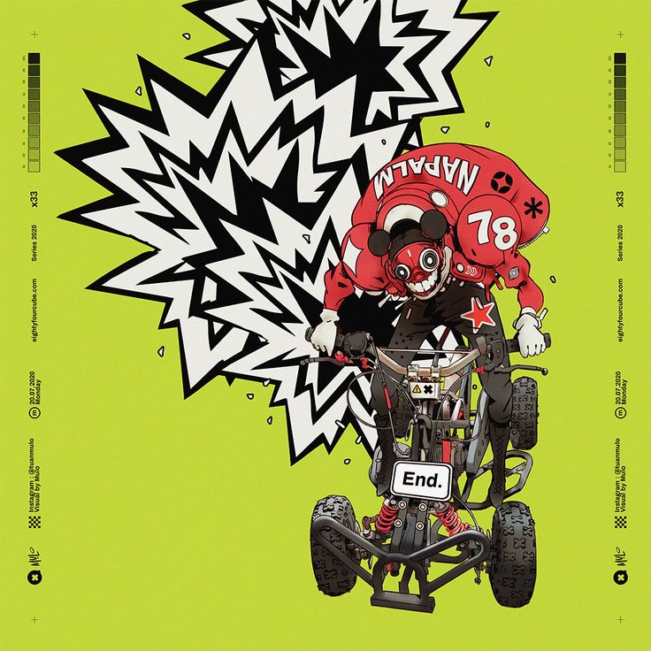 the image is a graphic illustration of a red character with a gas mask, riding a gokart. the character is wearing a red jacket that has "napalm" and "78" on it.  the character is holding a star and the kart is in the foreground. there are large black and white explosions in the background behind the character. the background is a solid yellowgreen color.