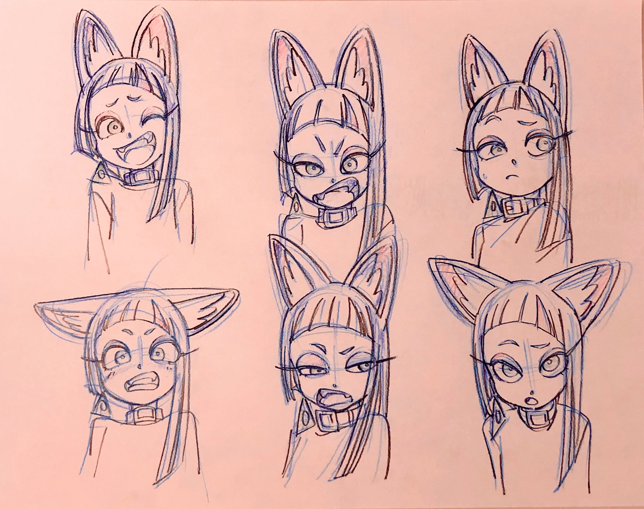 this image shows six different expressions on the face of a fictional female character drawn in an anime style. the character has cat ears and wears a collar.  this is likely concept art.