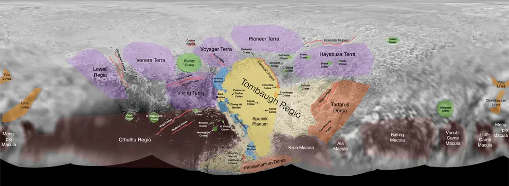 this image is a map of pluto's surface. it shows the names and locations of different surface features, such as mountains, plains, and craters. the map is labeled with the names of these features in a variety of colors. the map is a useful tool for understanding the geology of pluto and its surface features.