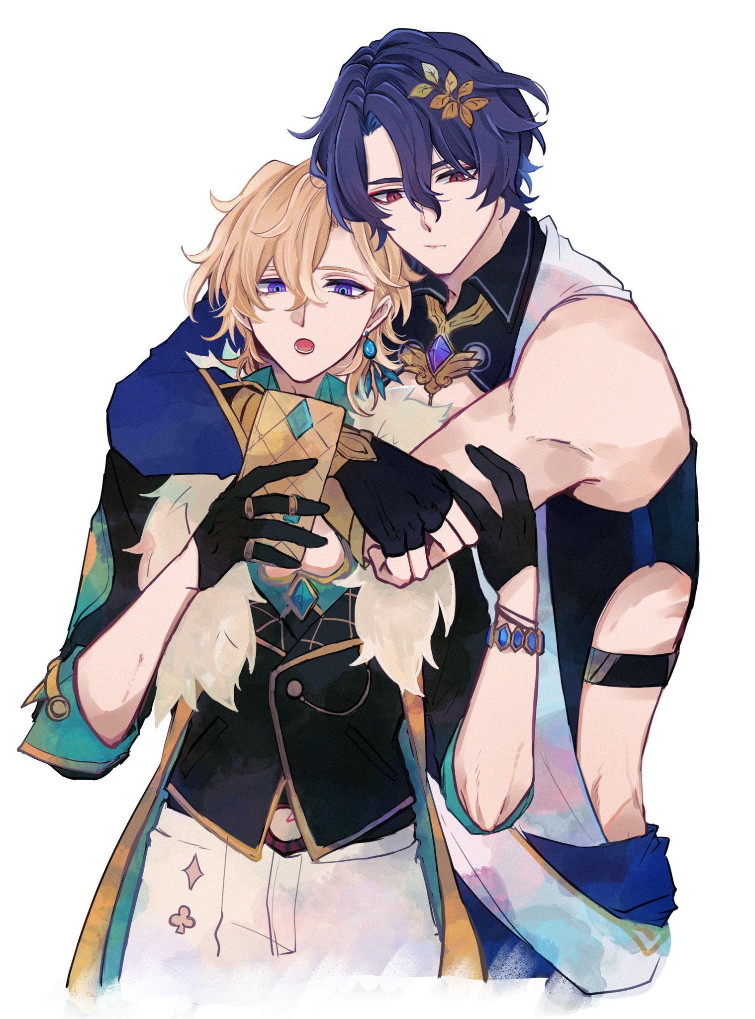 this is a drawing of two anime boys. they are hugging each other. one is holding a small box in his hand. they are both looking at the box.  the boys are dressed in colorful anime outfits. the background is a white. the boys are in a happy and romantic pose.  they look very much in love.