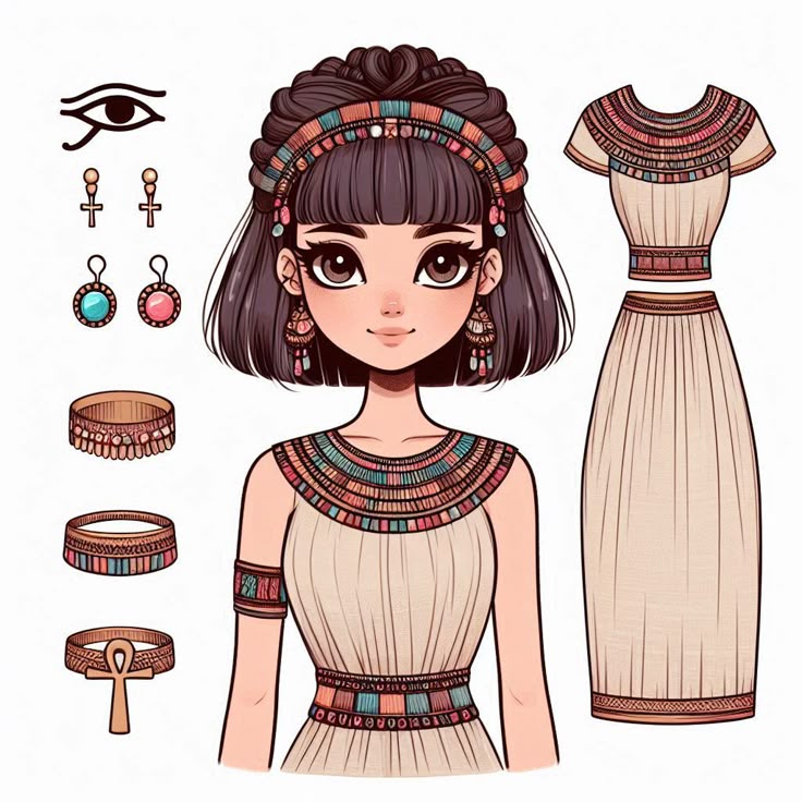 the image shows a cartoonstyle illustration of a young girl dressed as cleopatra or another ancient egyptian figure. she has a bob haircut with bangs and wears a colorful headband, necklace, arm band, and dangling earrings. the eye of horus and ankh symbols are present, along with an outfit consisting of a dress in two pieces that includes a shortsleeved top and a long skirt.