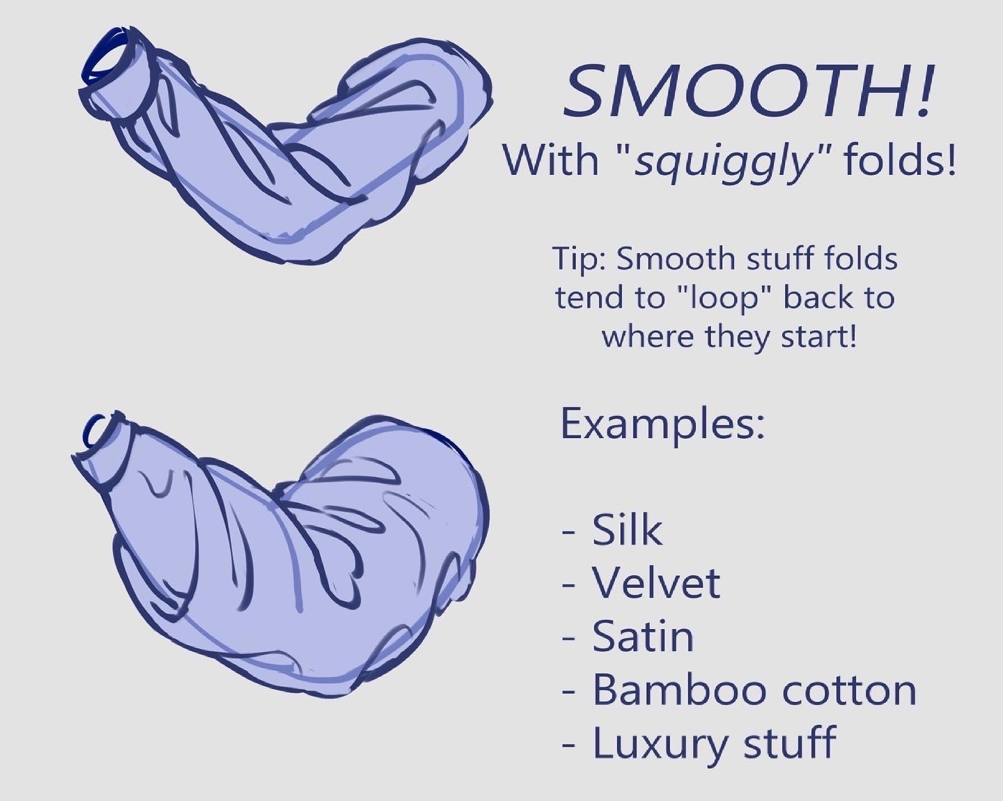 a drawing tutorial on how to draw folds on smooth fabrics like silk and satin. it includes a tip to make the folds loop back to where they start.  the drawing shows examples of folds on a sleeve.