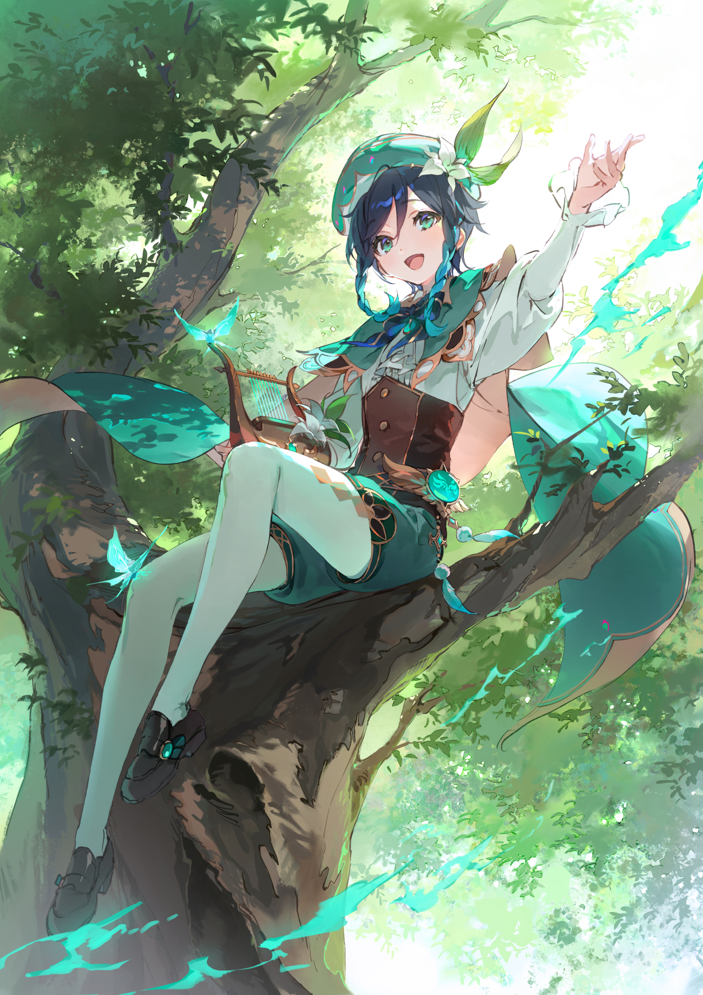 the image is a vibrant digital painting or illustration of an animestyle female character, possibly fanart of a character from genshin impact's sumeru region, given her attire and the overall aesthetic. she has teal and blue hair, is wearing a whimsical outfit with teal and green accents, and seems to be playing a lyre or harp.  she's sitting in a large tree in a lush green forest, surrounded by butterflies and ethereal, glowing teal trails suggesting magic or elemental powers. her expression is joyful and playful. the style is highly detailed and evocative, with a focus on light and color to create a magical atmosphere.