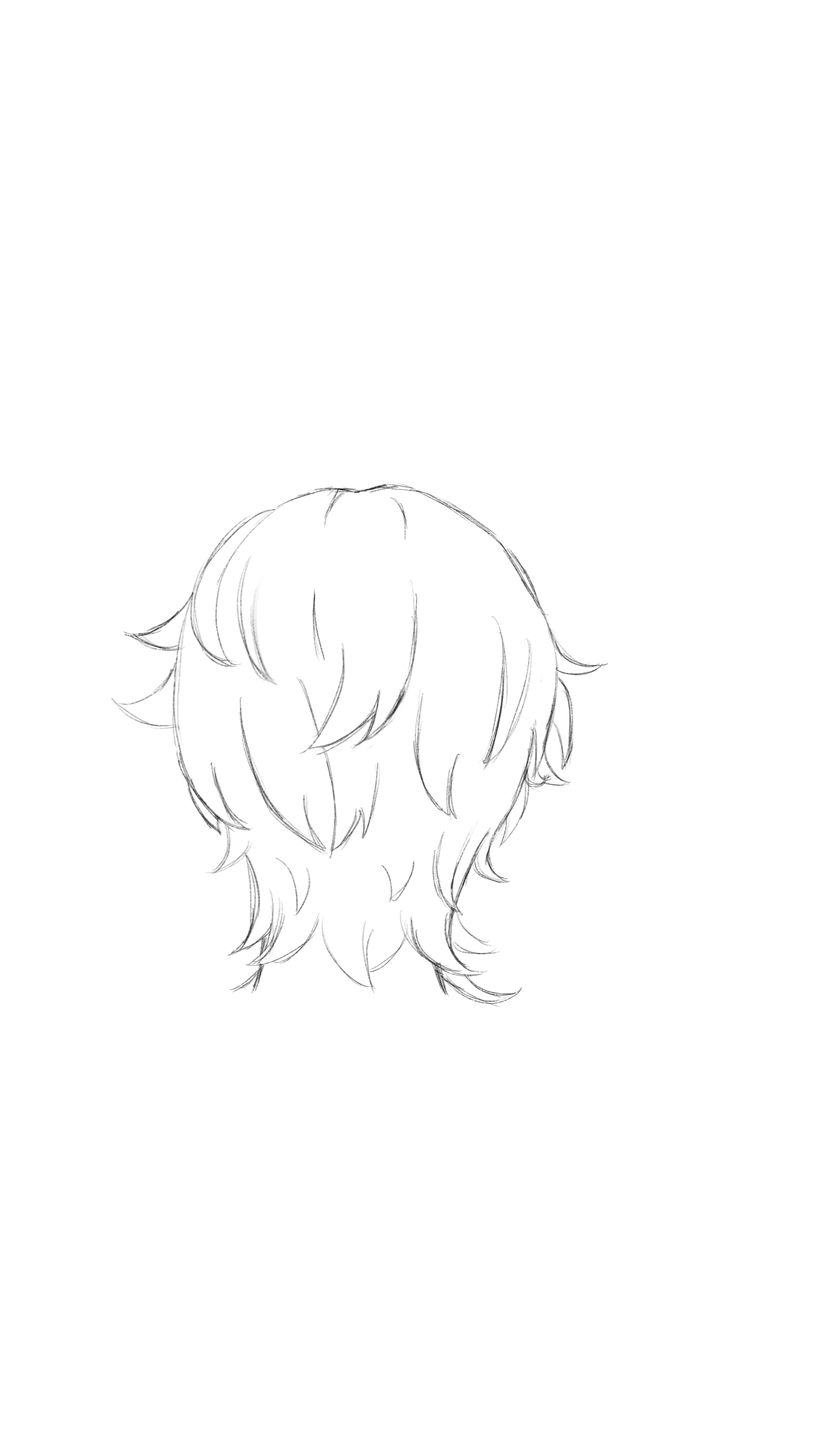 a black and white sketch of short, shaggy, layered anime hair from the back.