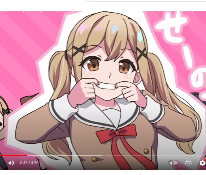 the image features a closeup illustration of a smiling anime girl. she has brown hair styled in pigtails, with colorful clips adorning her bangs. her large, expressive brown eyes sparkle with joy, and her wide smile reveals her teeth. she wears a brown and white sailorstyle school uniform with a red ribbon. the background is a vibrant pink, enhancing the cheerful and energetic mood of the illustration.