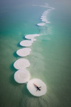 an aerial shot of the dead sea, the water is a vibrant turquoise,  with white salt formations across the water,  a lone person floats in the middle of the formation.  the scene is peaceful and beautiful.