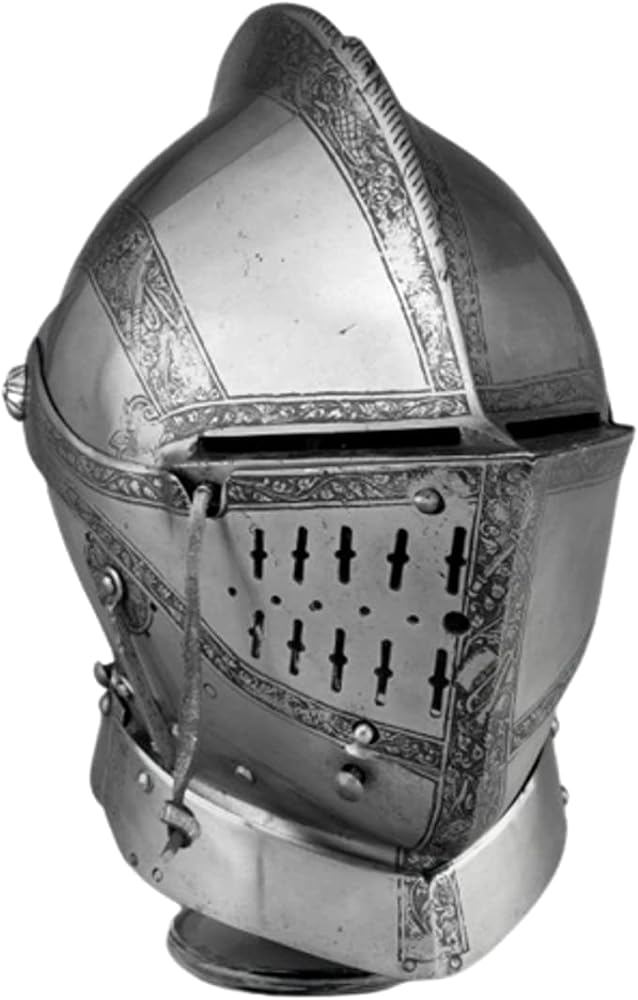 the image shows an antique knight's helmet made from steel. it is intricately etched and in excellent condition. the helmet is lit with artificial lighting, highlighting the craftsmanship of the metal.