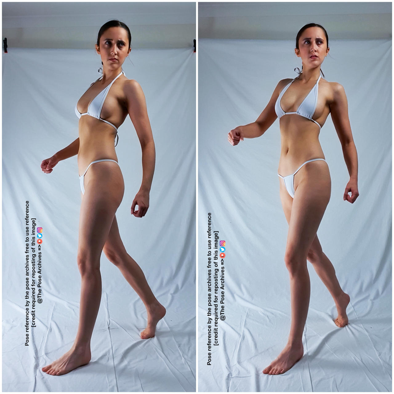 the image shows a woman with an athletic build posing in a white bikini against a plain white background. she is captured in two slightly different poses, both showcasing her physique and confidence. the studio lighting highlights her form and creates a clean aesthetic. the image is a reference photograph for artists and is marked as free to use with credit.