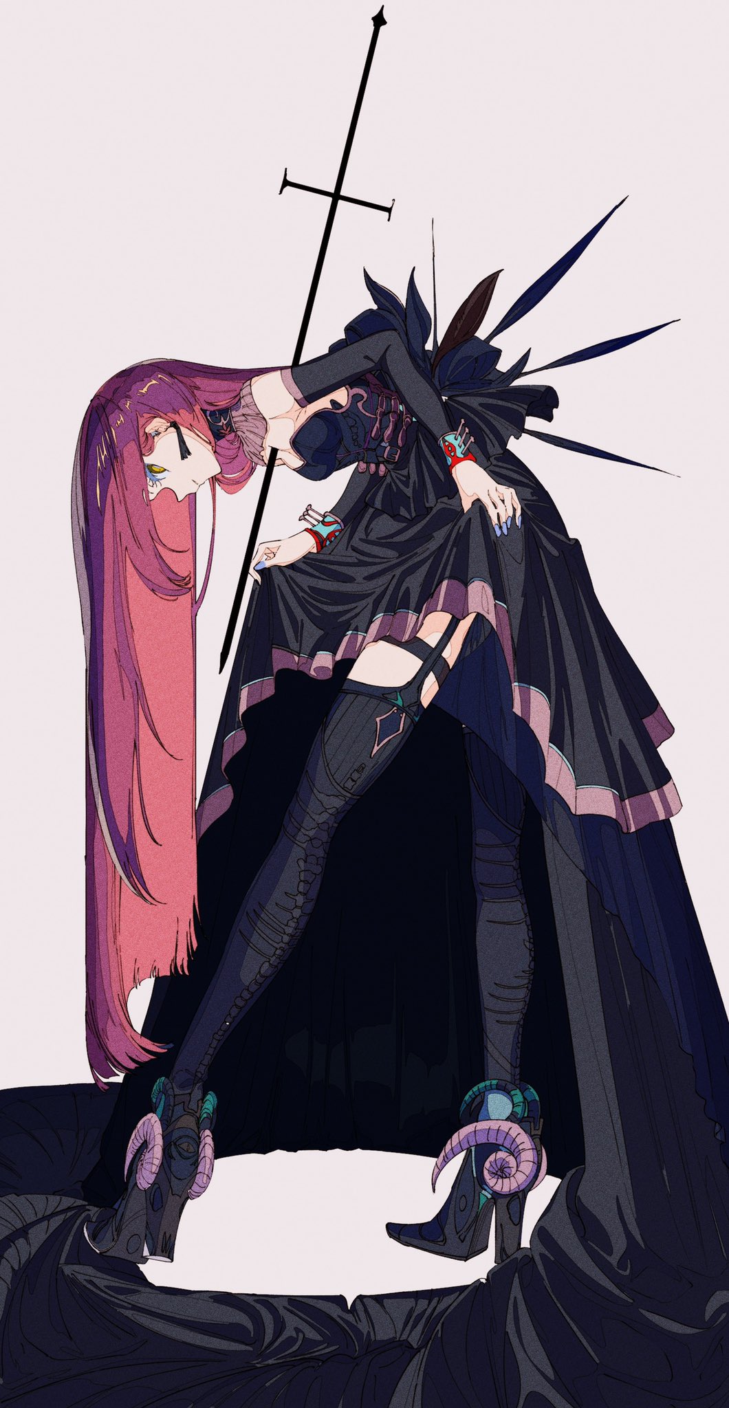 he image showcases an animestyle illustration of a woman. she is depicted in a gothic, darkthemed outfit: a long black dress with a highlow hemline, paired with tall black boots adorned with unique hornlike accents. her long pink hair cascades down her back. the woman holds an imposing black crossshaped object, and her pose suggests a blend of elegance and darkness. the artwork style is detailed and intricate, with a focus on fashion and character design. the overall mood is atmospheric, enhancing the mysterious and alluring nature of the character.