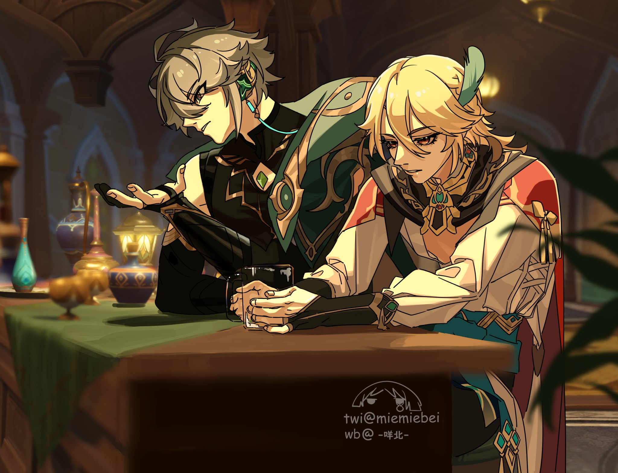 two anime men are sitting at a table, one holding a glass. the character on the left is wearing a green and black outfit with a necklace and  the character on the right is wearing a white and teal outfit with a green necklace. behind them is a bar area with several other glasses and decorations.