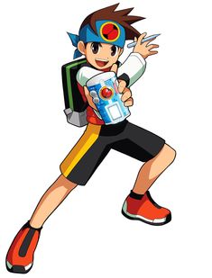 a boy with brown hair and a blue headband is holding a can with a blue and white design. he's wearing a red and white shirt with a black and yellow shorts, red and white shoes, and blue wristbands. he's also carrying a green backpack and is holding a silver pen.