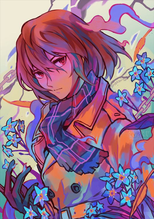 the image is a vibrant, stylized digital painting of an animestyle female character. she has short, reddishbrown hair, piercing red eyes, and is wearing an orange coat over a purple and blue plaid scarf. the character's expression is serious and perhaps slightly melancholic.  she is surrounded by forgetmenot flowers and what seems to be chains or vines that intertwine around her. the overall aesthetic is dreamy and slightly mysterious, with a strong emphasis on bold colors and painterly brushstrokes. the background is abstract and filled with swirling colors that complement the character's attire and the flowers.  the artwork's style appears highly expressive and evocative.
