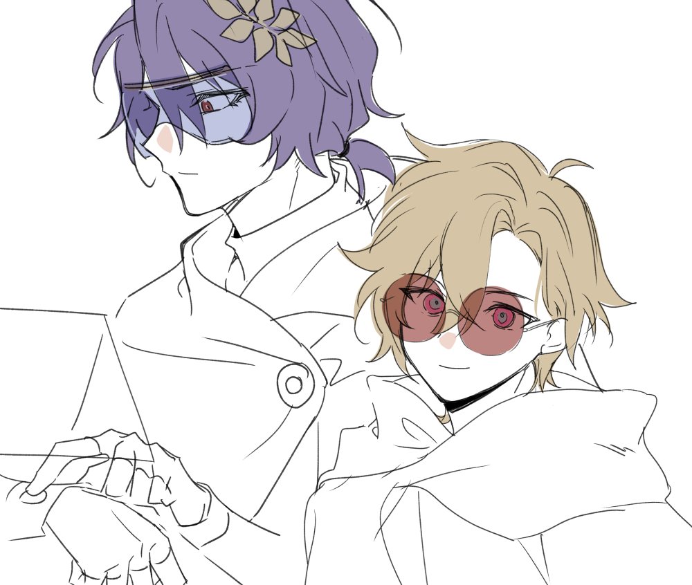the image is a digital drawing or sketch, likely fanart, depicting two animestyle male characters in a close and intimate setting.  one character has purple hair adorned with a flower, wears glasses and a coat, and appears to be working on a laptop. the other character has blond hair, wears round, redtinted sunglasses, and is wrapped in a hoodie. the overall style is soft, light, and suggestive of a romantic or close relationship.  the linework is clean, with minimal shading or detailed coloring, creating a delicate and gentle aesthetic.