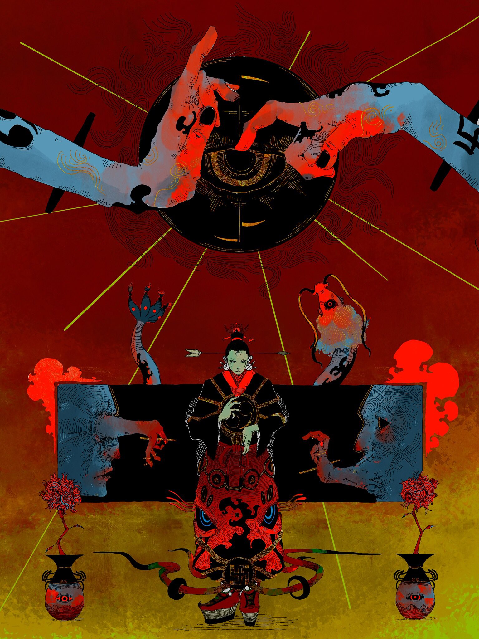 a surreal, fantasythemed illustration features a central figure in oriental attire with a red and black patterned robe, standing between two vases with red flowers. the figure has an arrow through their head and holds a circular object with symbols. above them is a black rectangle showing two blue faces with red hands reaching out. above that is a large black circle containing an eye, with two blue and red hands reaching towards it. the background is predominantly red and gold. the style is reminiscent of dark art with symbolic elements.