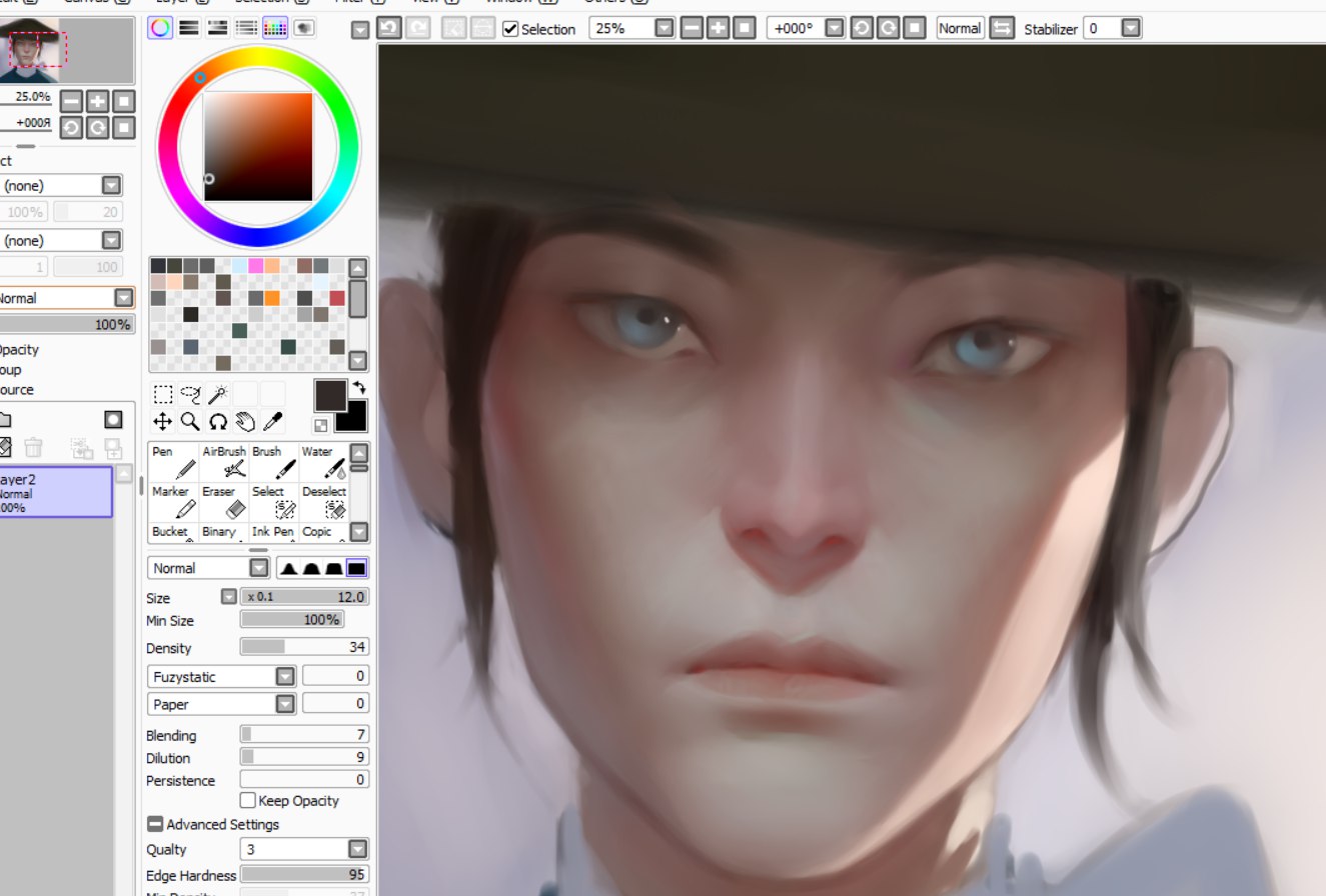 the image shows a closeup of a digital painting of a woman's face. the woman is wearing a hat, and her eyes are the focal point of the image. the painting is done in a soft, painterly style, and the lighting is soft and diffused. the woman has a neutral expression on her face. the image also shows the digital art program being used to create the painting. the program's interface is visible, including the color palette, brush settings, and layer window.