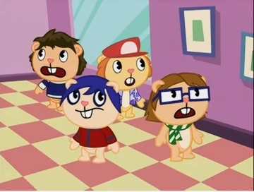 the image shows four characters from the animated series happy tree friends. the characters are standing on a checkered floor and looking happy and cheerful. the image is bright and colorful, and the characters are drawn in a cutesy and playful style.