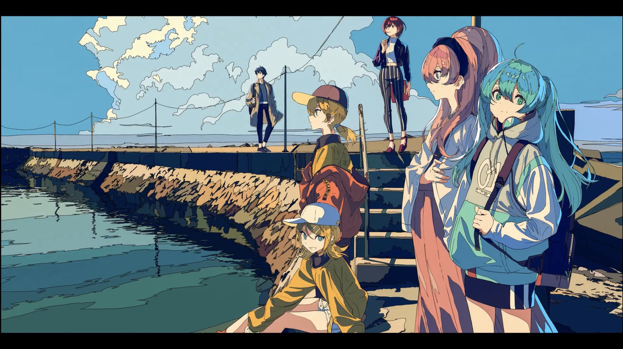the image is a digital painting or illustration featuring a group of animestyle female characters at a seaside location. the characters are diverse in appearance and attire; they stand and sit on a pier or dock overlooking the ocean. the sky is sunny, and the colors in the illustration are vibrant and saturated. the style appears to be influenced by contemporary anime and manga aesthetics.  the overall mood of the piece is lighthearted and cheerful.