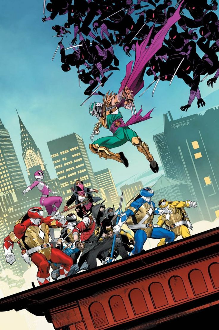 a comic book illustration showing a team of superheroes facing off against another team of supervillains. the good guys include the power rangers and the teenage mutant ninja turtles. the bad guys are a team of shadowy figures wearing purple and black. the action is taking place in a city, with tall buildings in the background.