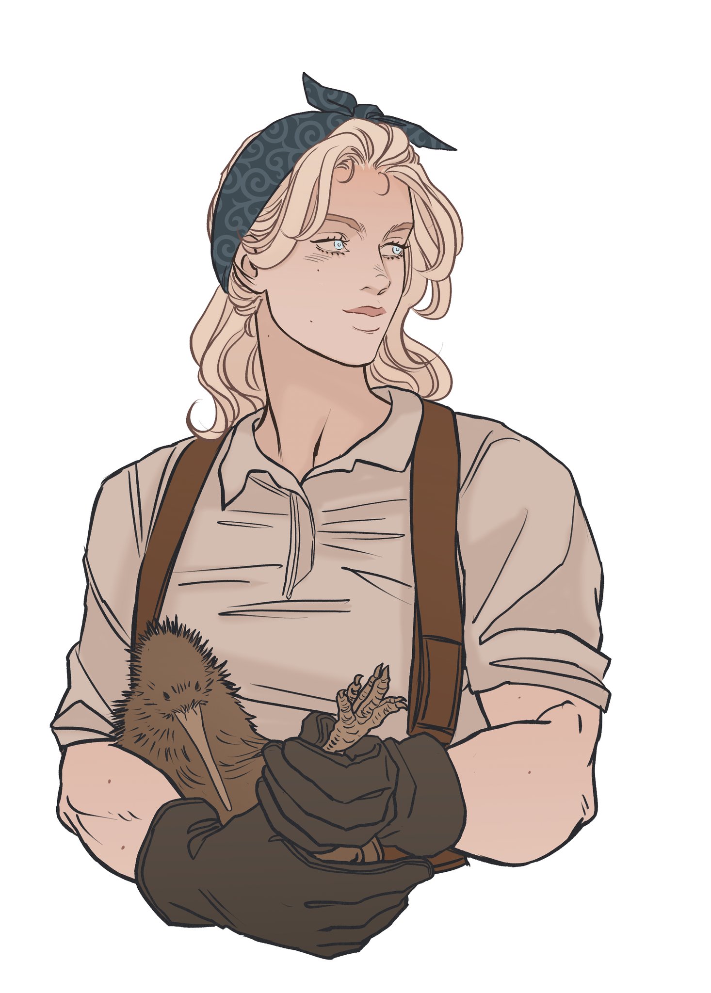 an illustration of a fairskinned person with blonde hair, wearing a blue patterned bandana, a collared shirt with suspenders, and gloves, holding a kiwi bird. the person is looking away with a slight smile, and they have freckles on their face.