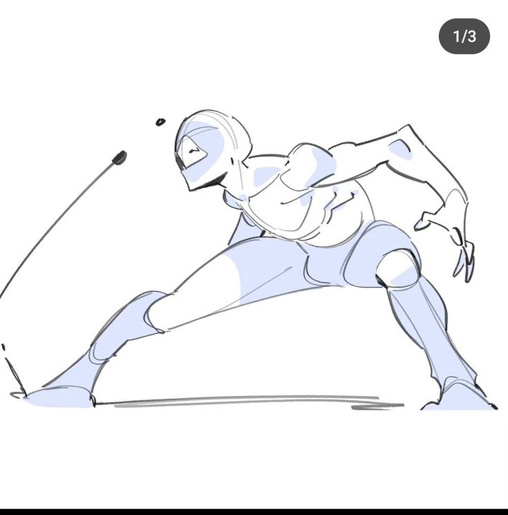the image is a dynamic action pose sketch of a stylized character, possibly a ninja or superhero, in an anime/manga style.  the drawing is done in light blue lines, with minimal detail, focusing primarily on capturing the movement and flow of the character's body. the pose is very energetic, with the character seemingly in the midst of action. the character's face is partially obscured by what appears to be a hood or mask. the annotation "1/3" suggests that this is part of a larger sequence of drawings. the style is loose and expressive, typical of gesture drawing or concept art.