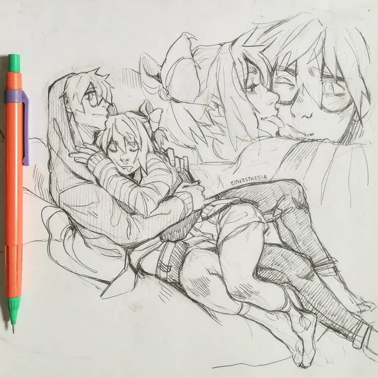 a sketchstyle drawing on paper depicts two couples in intimate poses. one couple is shown hugging and cuddling closely on what appears to be a bed or couch, with one partner wearing a hoodie and the other in a striped sweater and shorts. the second couple is drawn above, kissing tenderly. an orange mechanical pencil lies to the left side of the sketch. the overall impression is one of love, comfort, and affection in an anime/manga style.