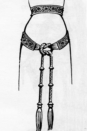 a black and white drawing shows a belt with decorative elements worn around a person's waist. the belt has an ornamental pattern and is secured with a knot at the front. two long strands hang from the knot, each adorned with beads or spacers and finishing with tassels.