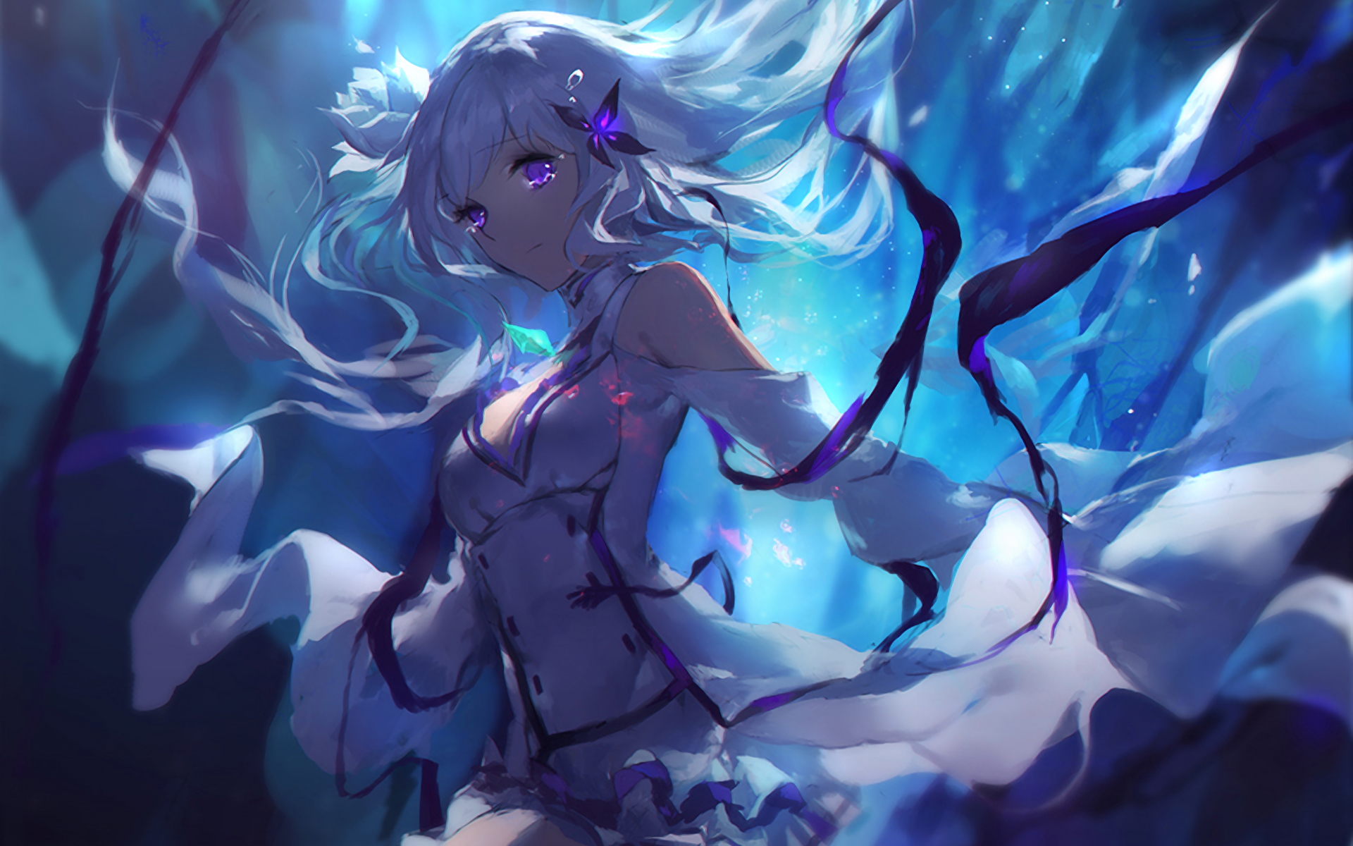 the image is a digital painting or illustration of a young animestyle woman with long, flowing white hair and striking purple eyes. she is dressed in a flowing white robe or dress adorned with dark purple ribbons that seem to intertwine with her hair and the background. the background is a vibrant blue, with glowing sparkles and a mystical, ethereal quality.  the overall style is painterly and evokes a sense of fantasy or magic. the girl's expression is serene and her pose is graceful. the artwork is highly detailed and the colors are rich and saturated.