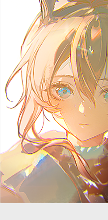a closeup, animestyle portrait shows a young person with fair skin, blonde hair, and striking blue eyes. the image is rendered with soft lighting and iridescent highlights, giving it a dreamy, ethereal quality. the figure is depicted from the head and shoulders, with their gaze directed upwards. the artwork is characterized by detailed linework and a stylized aesthetic.