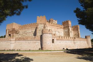 a wide shot of a large brick castle with a moat, surrounded by grass and trees. the castle has multiple towers and battlements, and is bathed in sunlight against a clear blue sky.