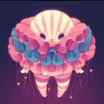 a cute, cartoon character with a striped pink and white body, pink frills, and blue and white accents. the character is floating with a magical aura, and its eyes are large and innocent. the image is whimsical and fantastical, with a digital art style.