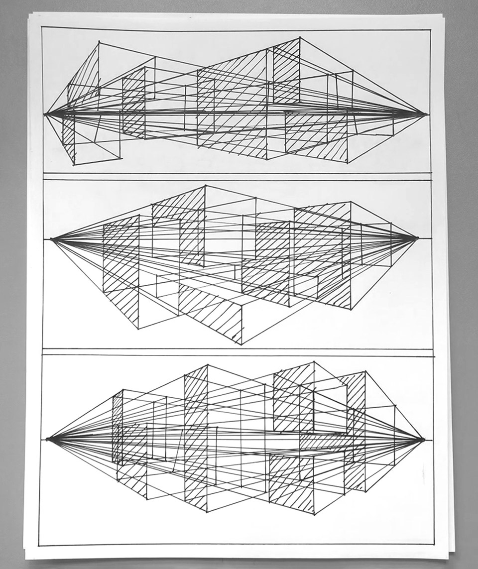 the image shows a piece of paper with three separate drawings of a geometric structure using linear perspective. each drawing depicts a collection of interconnected cubes or rectangular prisms receding into the distance.  the lines converge toward vanishing points, creating a strong sense of depth and threedimensionality. the style is clean and precise, characteristic of technical or architectural drawings. the lines are handdrawn in black ink on white paper. the drawings are identical in form but differ slightly in their angle of perspective, perhaps demonstrating a shift in viewpoint or a progression in the perspective study.